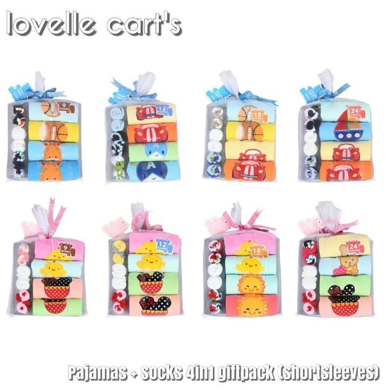 Setelan Pendek Kaos Kaki Bayi 4in1 , Gift Set Baby Lovelle Cart s