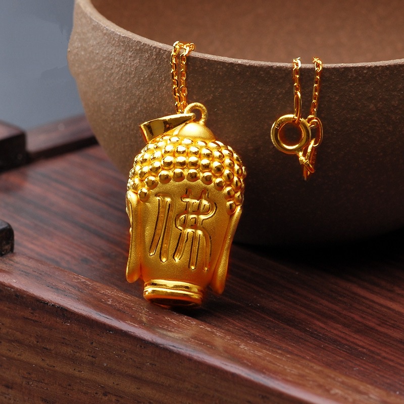 Kalung Emas Emas Asli Kadar 375Dengan Liontin Kepala Buddha 3D Untuk Pria Dan Wanita