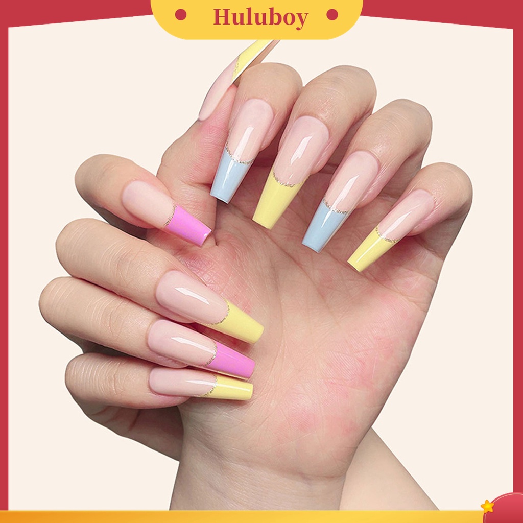 Huluboy Huluboy♡ 24pcs / Box Kuku Palsu Ultra Tipis Warna Gradasi Untuk Manicure