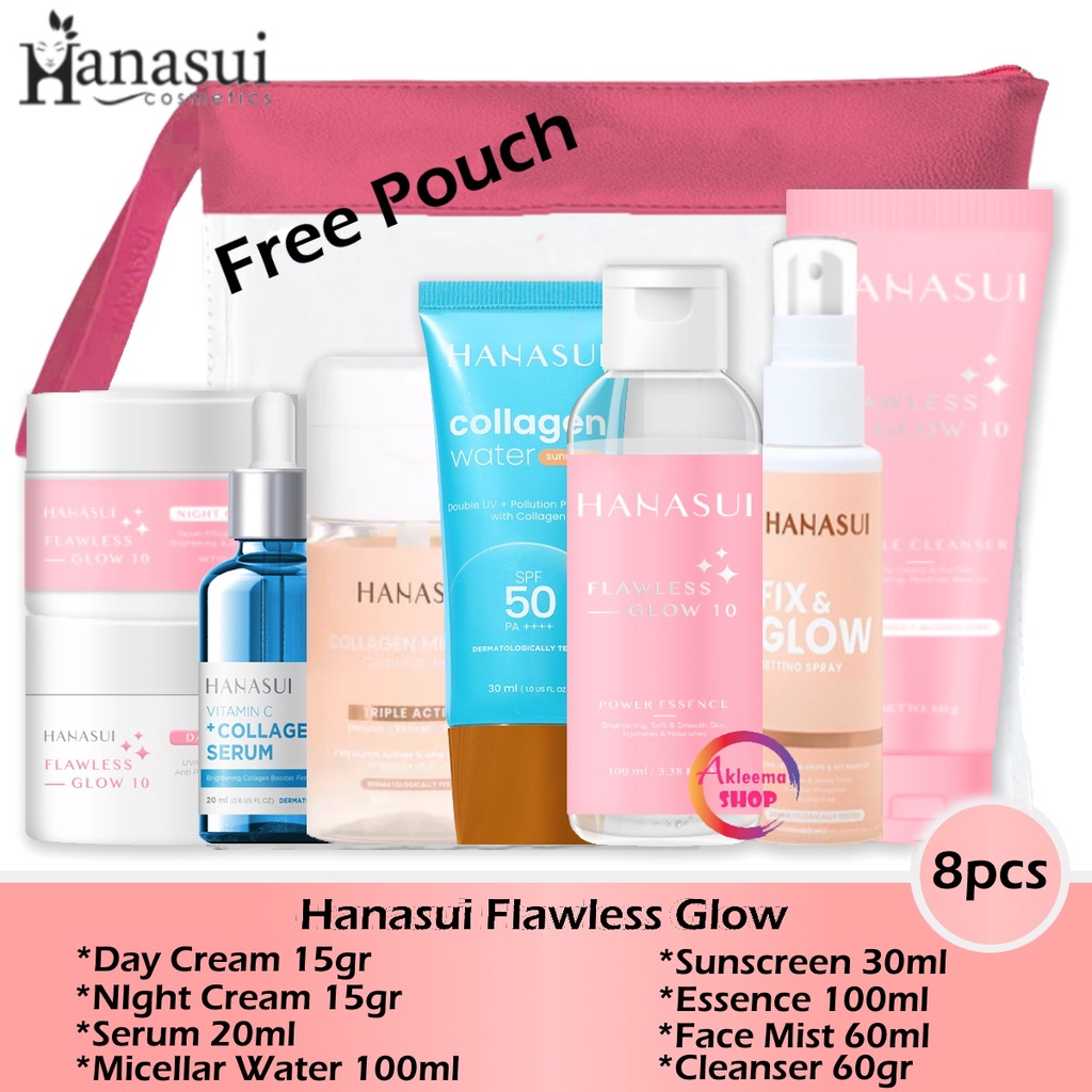 Paket Hanasui Flawless Glow 8pcs (day+night+serum biru+micellar+sunscreen+essence+face mist+cleanser)