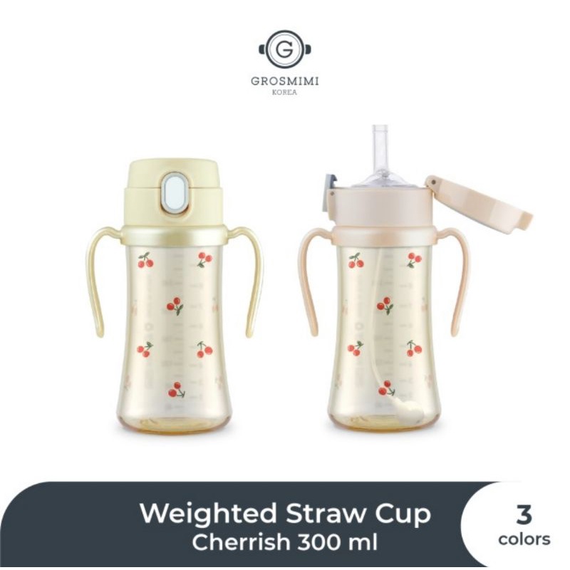 Grosmimi PPSU Cherrish Weighted Straw Cup 300 ml - Botol Minum Bayi &amp; Anak