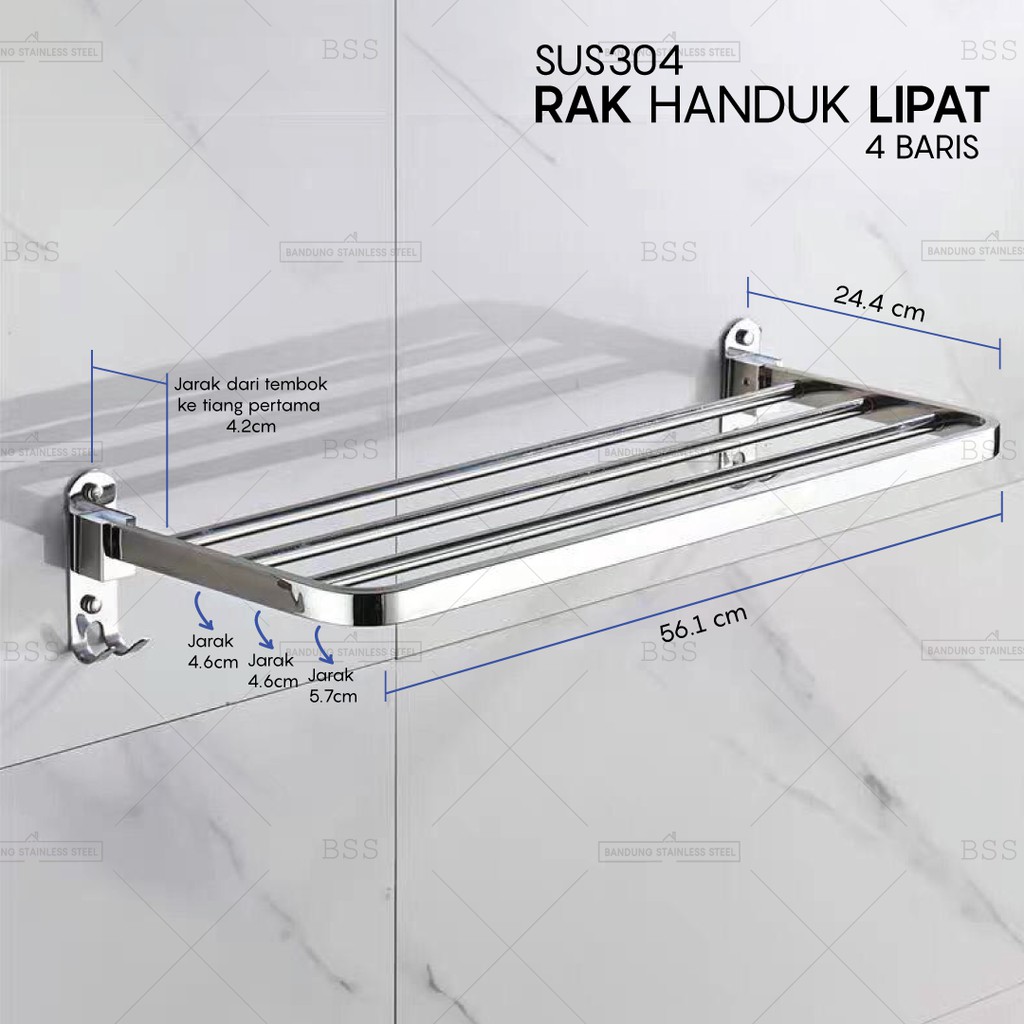 SUS304 Rak Handuk 4 Baris 56cm Stainless Hitam Doff Towel Rack Silver Kamar Mandi Gantung Anti Karat