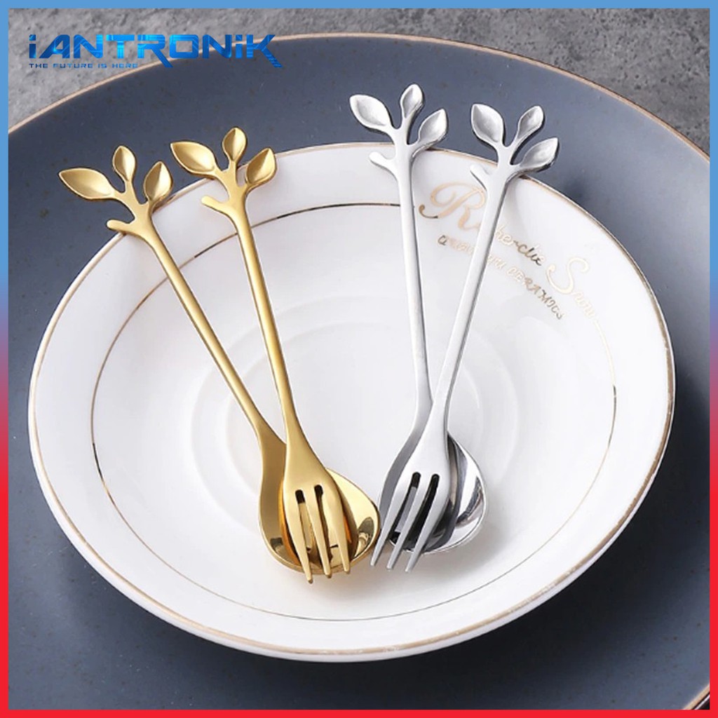 KIYOTE Dessert Spoon - Sendok Garpu Emas Creative Motif Daun Stainless