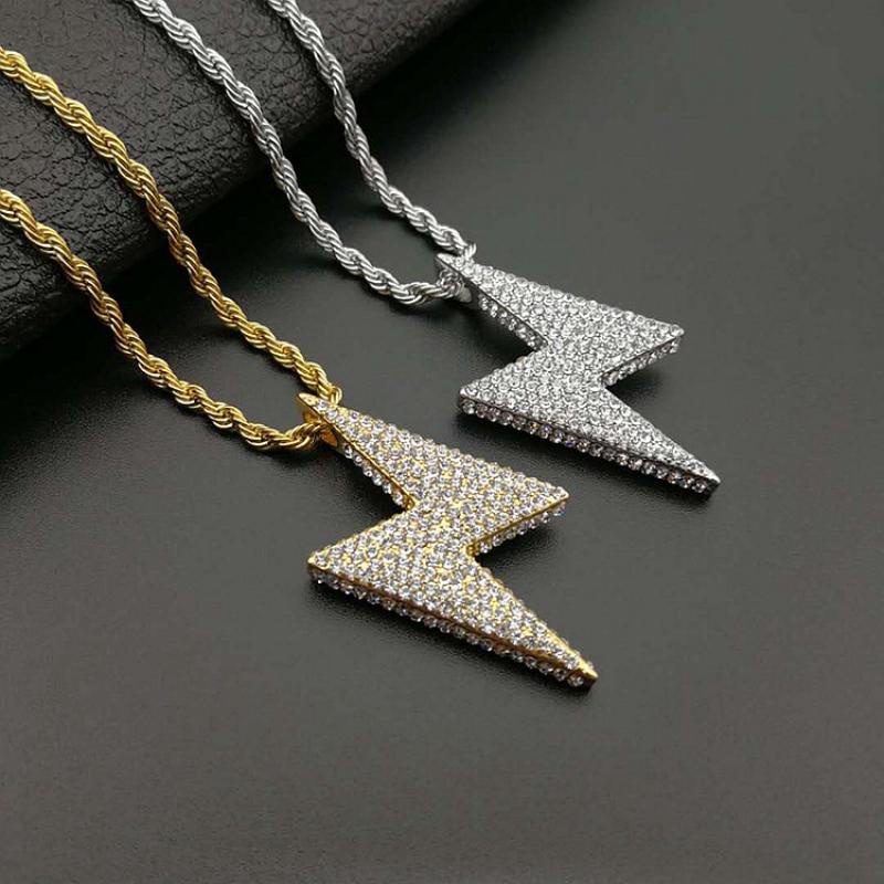 Kalung Liontin Petir Aksen Zircon Gaya Hip Hop Untuk Pria Dan Wanita