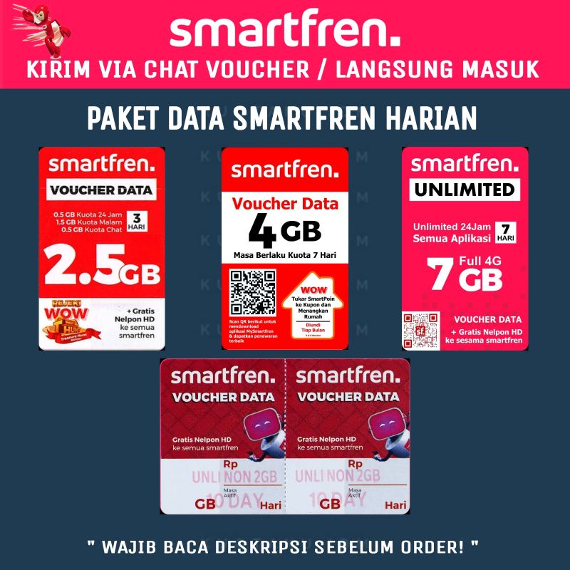 VOUCHER SMARTFREN MINI 1GB 3Hari 2GB 3Hari 3GB 5Hari 2,5GB 3Hari 2GB Nonstop 4GB 7hari UNLIMITED 7HA