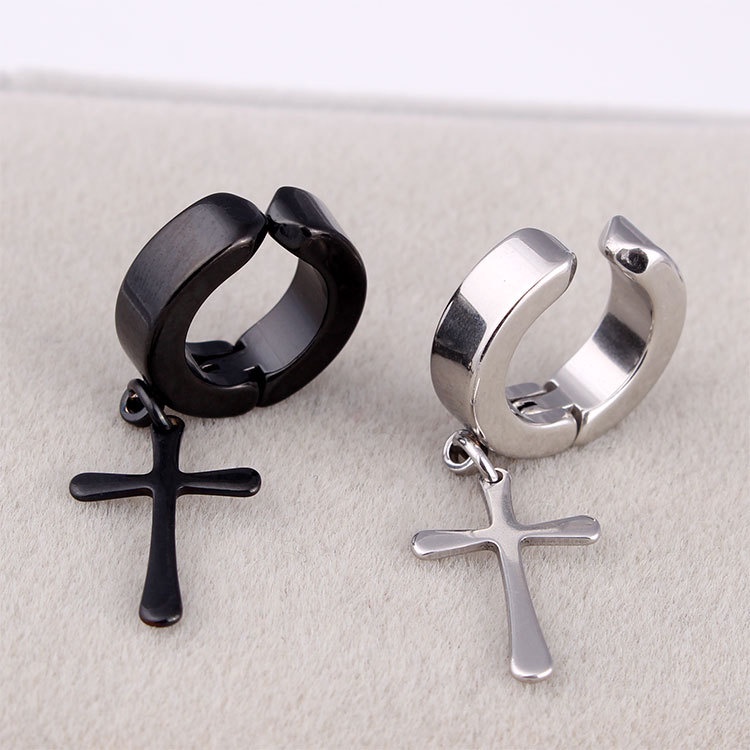 Anting Gantung Model Salib Bahan Stainless Steel Gaya Hip Hop Punk Untuk Pria