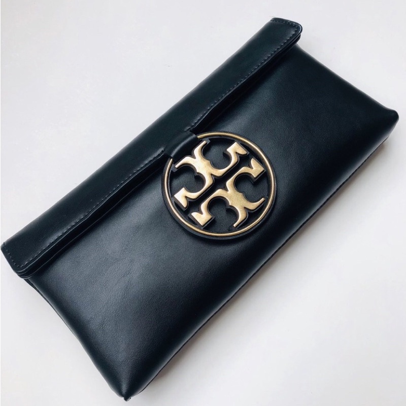 Tory Burch Clutch Hand Bag Black Gold Logo TB 062