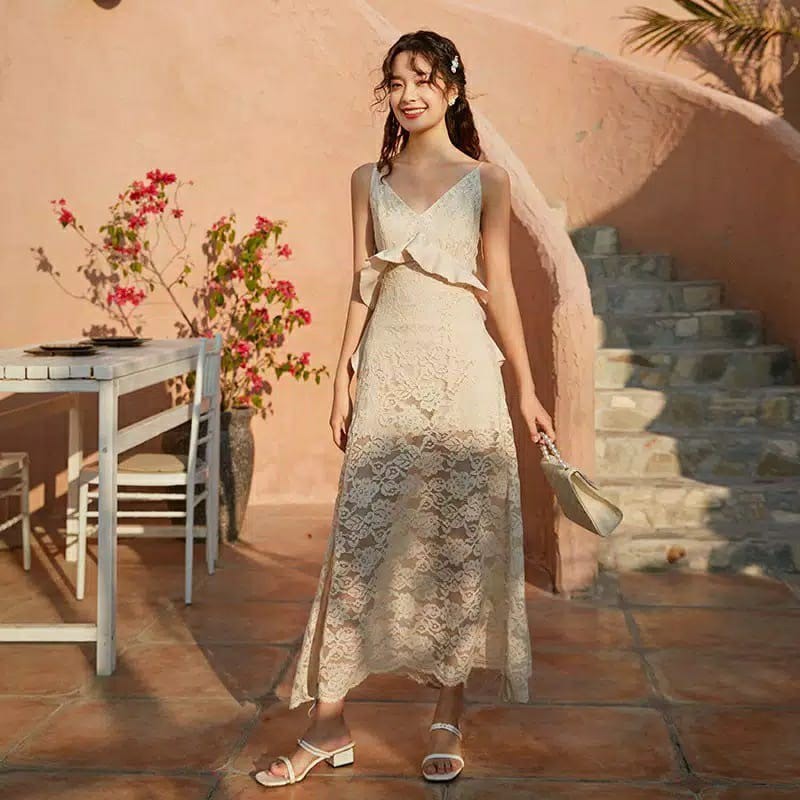 𝐑𝐄𝐀𝐃𝐘 𝐒𝐓𝐎𝐂𝐊 𝐒𝐀𝐅 - PINOT beige lace midi dress woman premium / korean summer dress / beachwear bali /