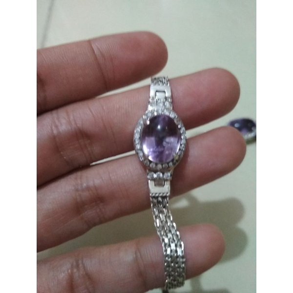 batu kecubung amatis Kalimantan satu set cincin,gelang dan liontin ring perak