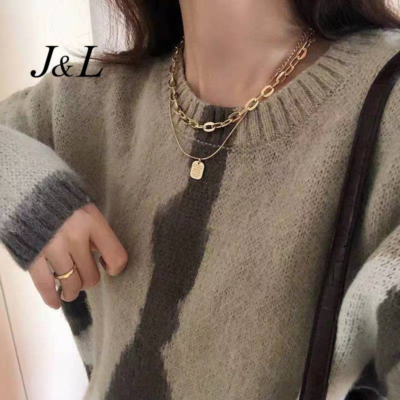 Kalung Rantai Ganda Liontin Koin Bahan Alloy Warna Emas Untuk Wanita