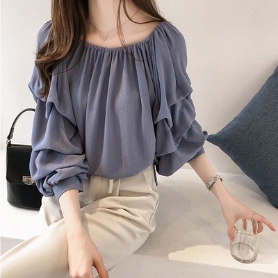 #Sisjuly# Wanita gaya Korea satu kata leher off-the-shoulder kemeja sifon longgar desain licik kemej