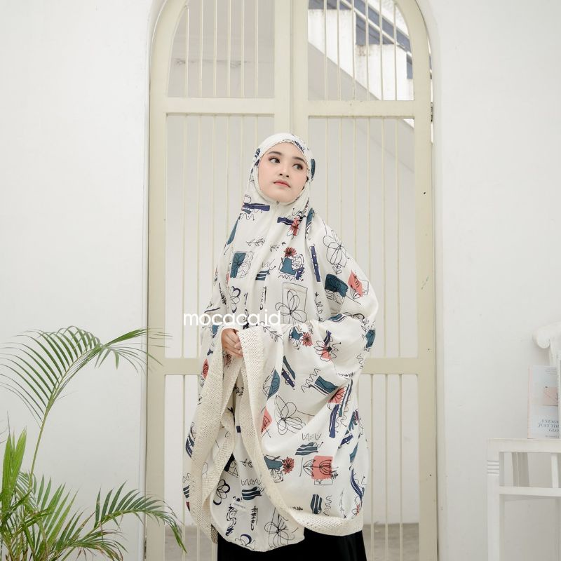 Mukena Dewasa Jumbo 2 in 1 Kayana Motif Bahan Rayon Premium Jatuh Adem Ponco Pouch Tas Sleting Cream