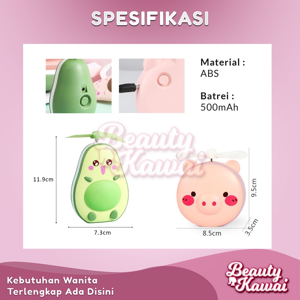 Kipas Mini Portable USB Fan Led Cermin Makeup 3in1 Karakter Hewan Buah