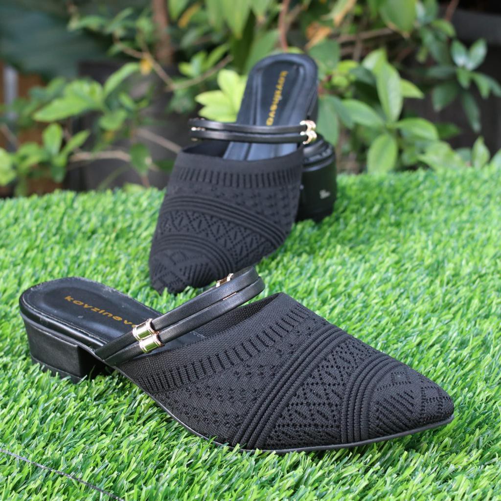 KAYZINEVA Sepatu Slip-On Mules &amp; Mary James Wanita Rajut Import Hak Tahu 3cm