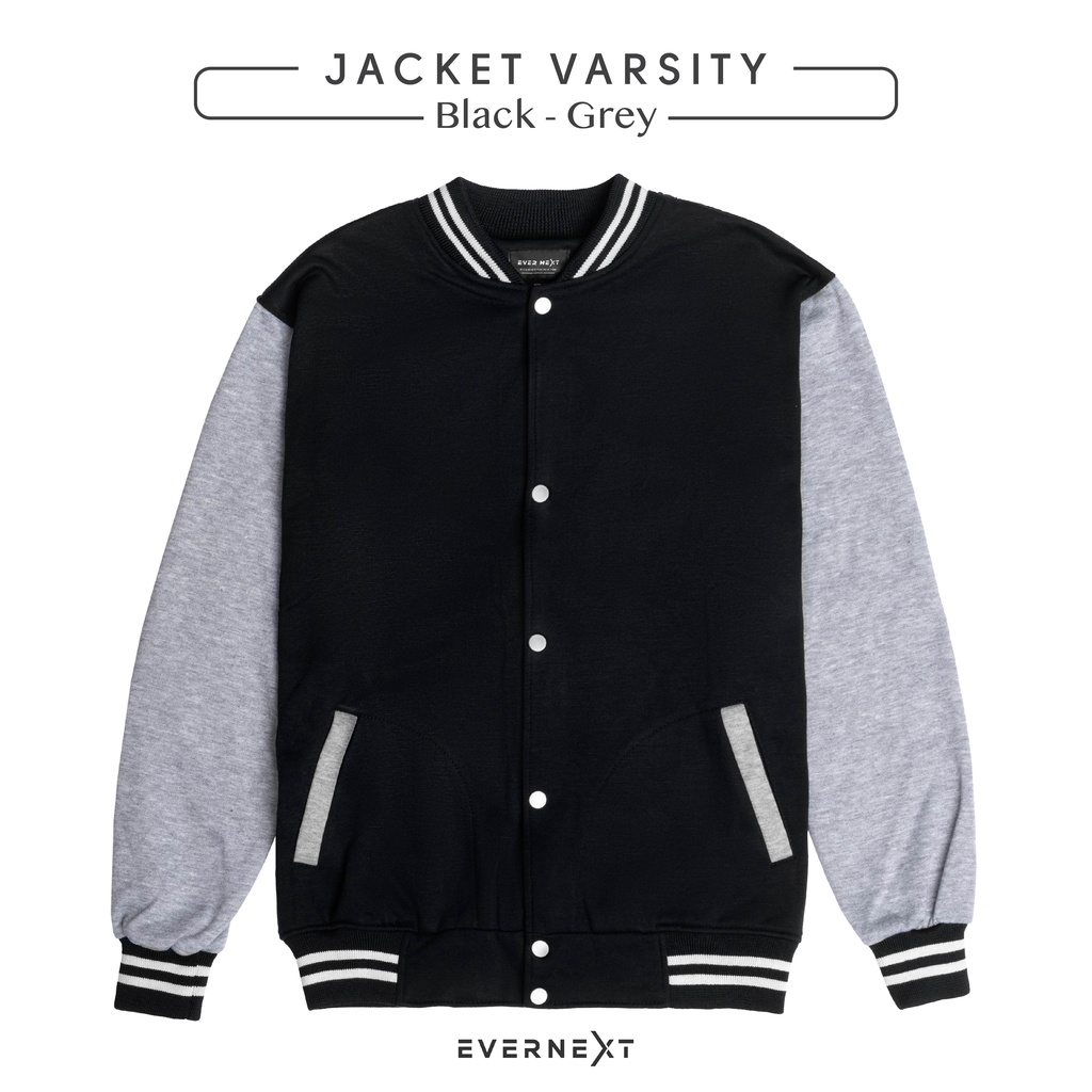 Evernext - Jaket Varisty Pria Jaket Cowok Baseball Jaket Fleece Jaket Casual Pria Vintage Jaket Distro Premium-BLACK GREY