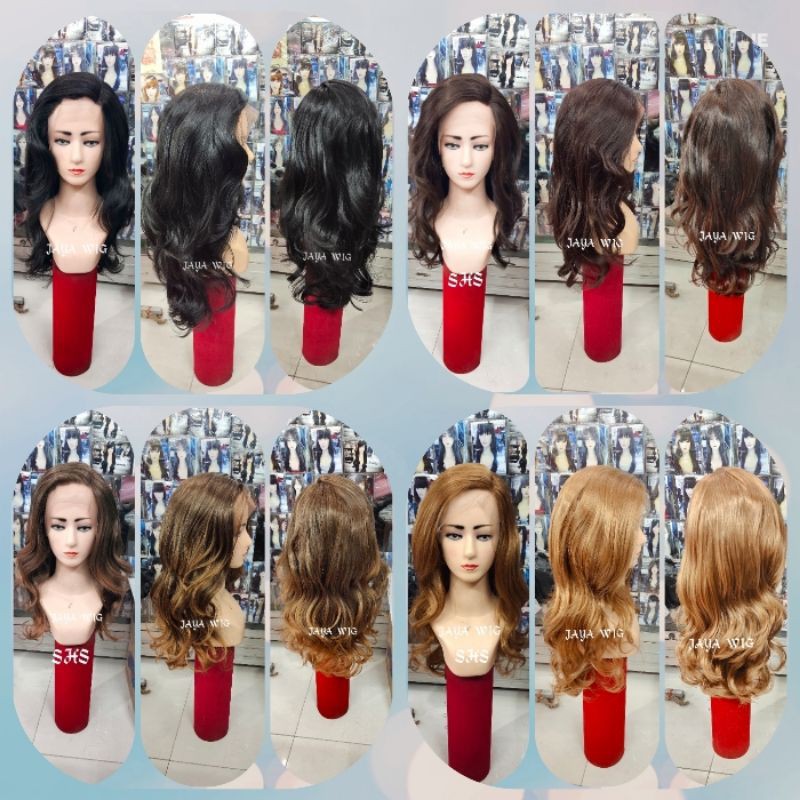 Wig Gelombang Panjang Tanpa Poni Rambut Palsu Wanita Model Lace Wig Curly