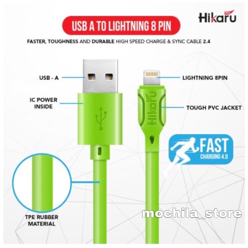 Kabel Data Fast Charging Iphone - Lightning 8 Pin - Dura Fast 2.4A - 1 Meter - Fast Charger - Hikaru