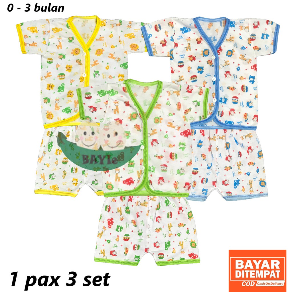 BAYIe - 3 SET Setelan Baju Bayi Pendek+Celana Pendek Motif TABUR 0-3 bln/baju anak laki/Perempuan