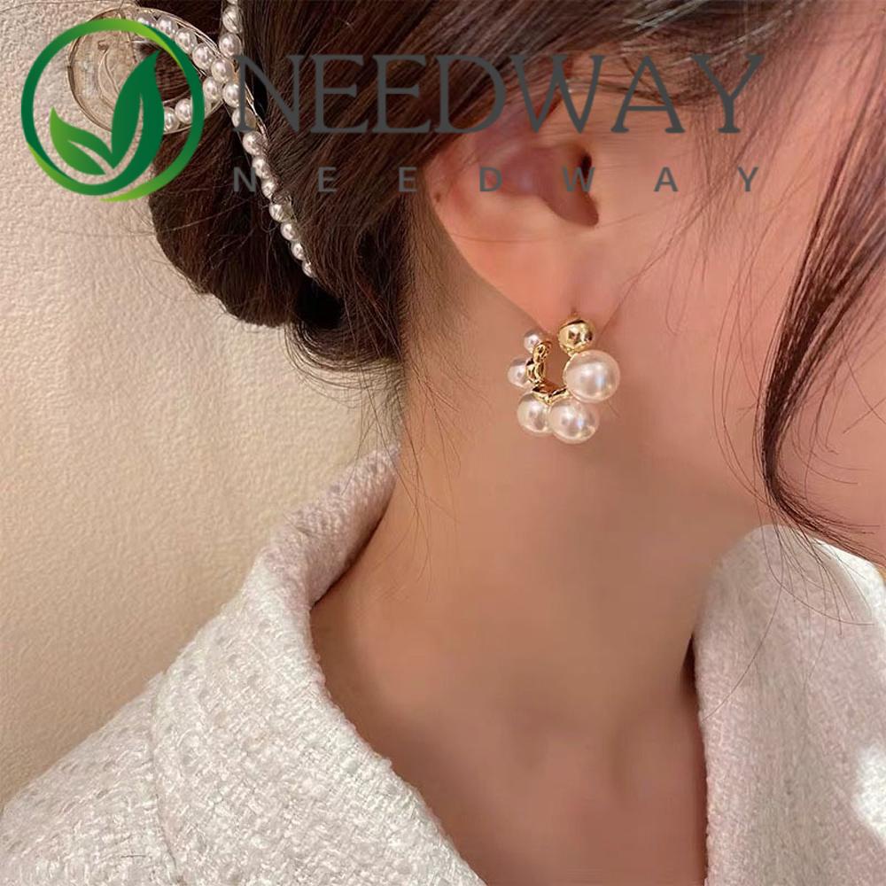 Needway  Party Stud Earrings Temperament Geometric Pearl Hoop Earrings Women Trendy Elegant Fashion Jewelry Exquisite S925 Round/Multicolor