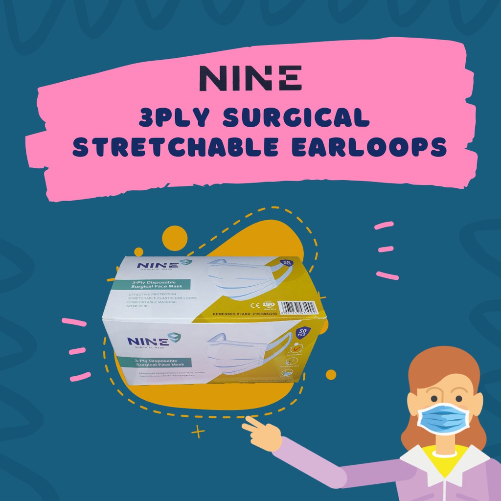 MASKER NINE 3Ply Surgical Stretchable Earloop Face Mask, Masker Medis 3ply