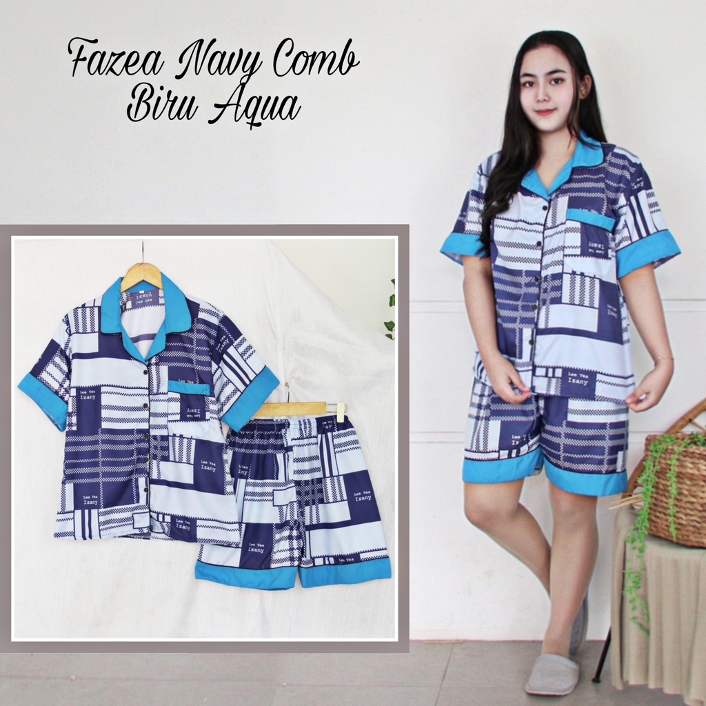 IZANY Piyama Dewasa Hotpant Combina Allsize / HP  Combina Saten Apple LD 100-FAZEA NAVY C BIRU AQ