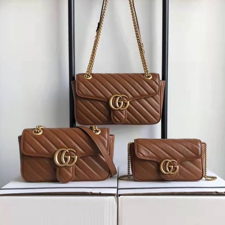 100% Asli Asli Gucci Klasik Marmont Coklat Kulit Wanita Tas Bahu Tas Rantai