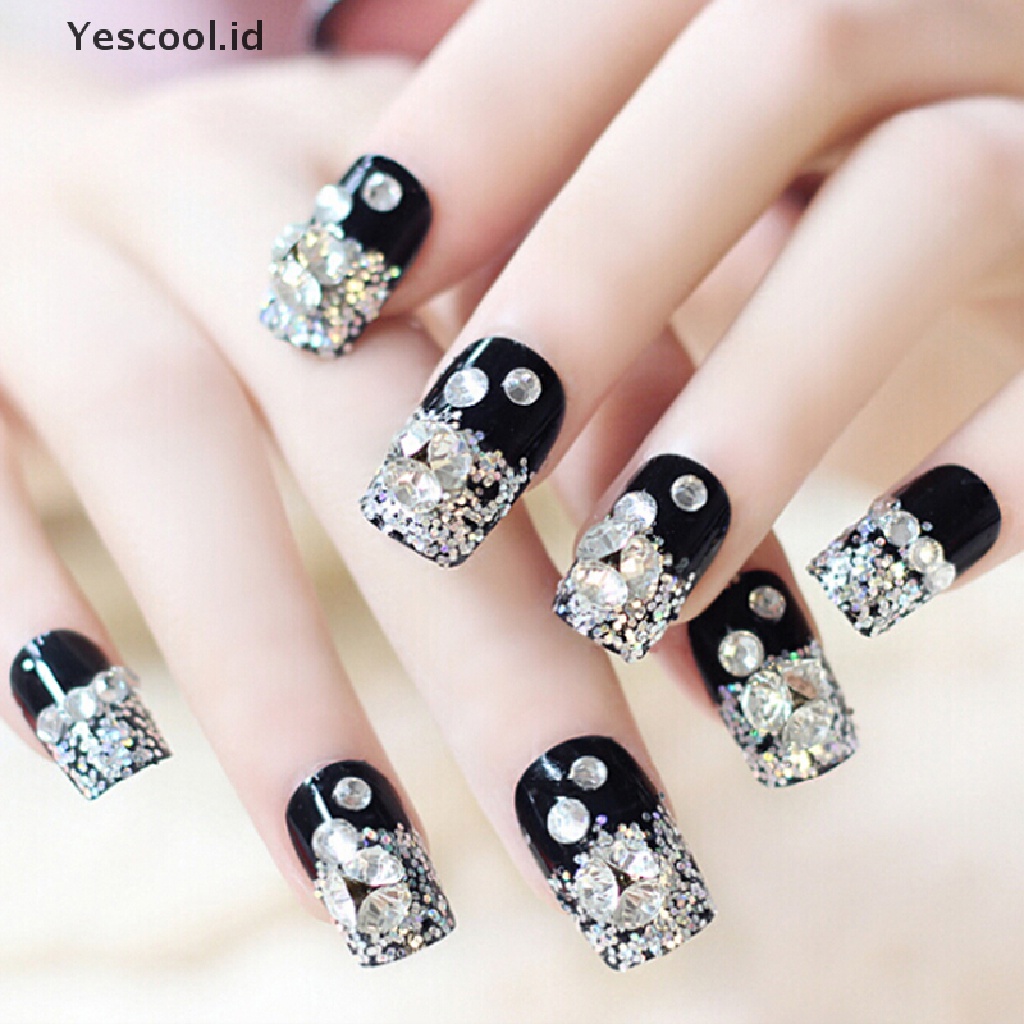 24pcs Kuku Palsu Full Cover Bahan Akrilik Warna Hitam Untuk Nail Art