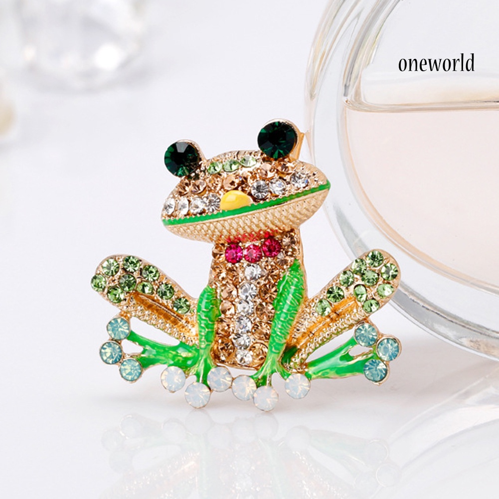 OW@ Cute Women Rhinestone Inlaid Frog Enamel Animal Brooch Shirt Collar Badge Decor