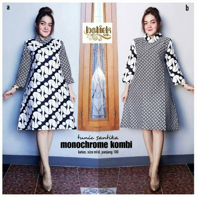 Santika Monochrome Kombi Abu Batik Modern Midi Dress Casual Kerja Seragam Kantor