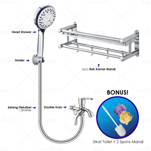 Promo Combo Attack 8in1 Rak kamar mandI Set hand shower sikat toilet  spoons mandi kran double