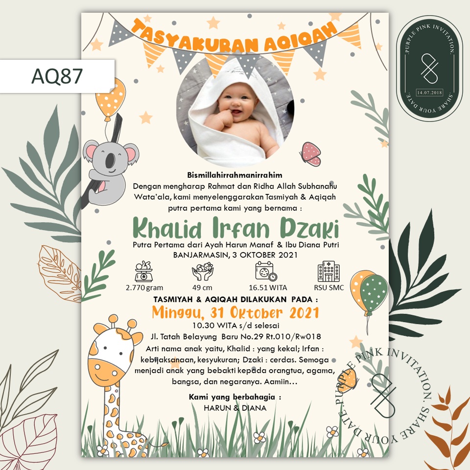 Undangan Digital Aqiqah Code AQ87 Softfile Warna Krem Tema Animal | 𝐏𝐮𝐫𝐩𝐥𝐞 𝐏𝐢𝐧𝐤 𝐈𝐧𝐯𝐢𝐭𝐚𝐭𝐢𝐨𝐧
