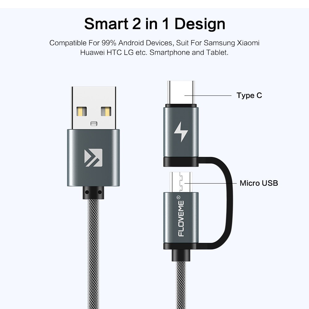 Kabel Charger 2 in 1 Micro USB + Type C QC3.0 2.8A 1 Meter Floveme - Gray