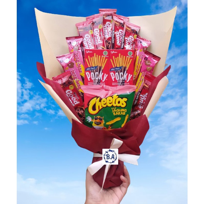 

(S) BUKET MERAH MARUN POCKY GOOD TIME/Anniversary/bingkisan Snack Ulang Tahun/Ultah/Wisuda