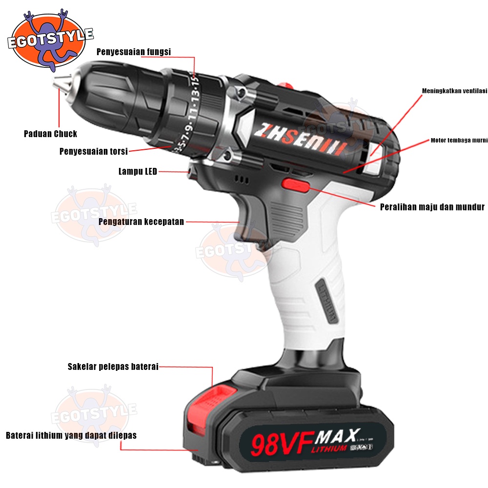 Bor Listrik Bor Tanpa kabel 98V Set Lengkap Mata Bor Cordless Drill Full Set Of Drill Bits Bor Mesin Elektrik Drill Set Reversible Mesin Bor Tangan Listrik