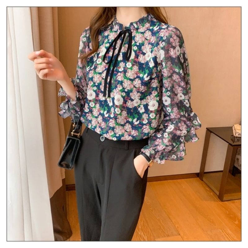 MDLV ~ 6323# Blossom Tie Neck Top Atasan Blouse Flower Baju Korea Fashion import