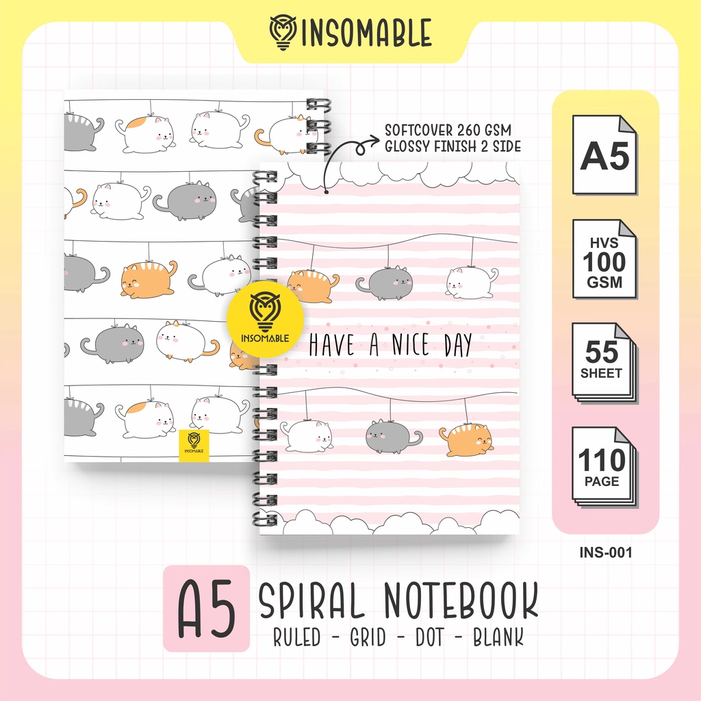 

Spiral Notebook A5, INS-001 Buku Catatan Kucing Lucu, Kawaii Cat Spiral Notebook - A5 isi 50 lembar HVS 100gsm [INSOMABLE]