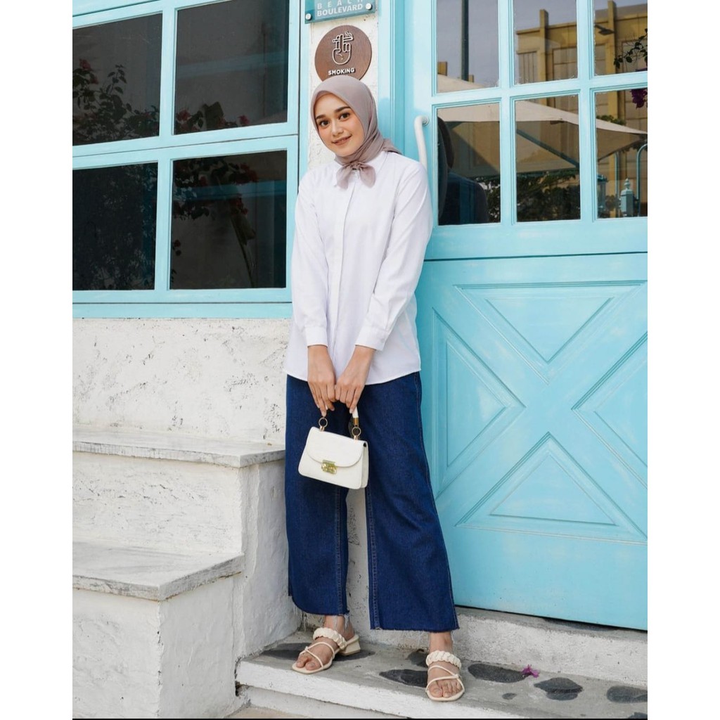 Atasan Baju Kemeja Wanita Casual Lengan Panjang Polos Blouse Wanita Korean Style Casual Katun Toyobo-PUTIH