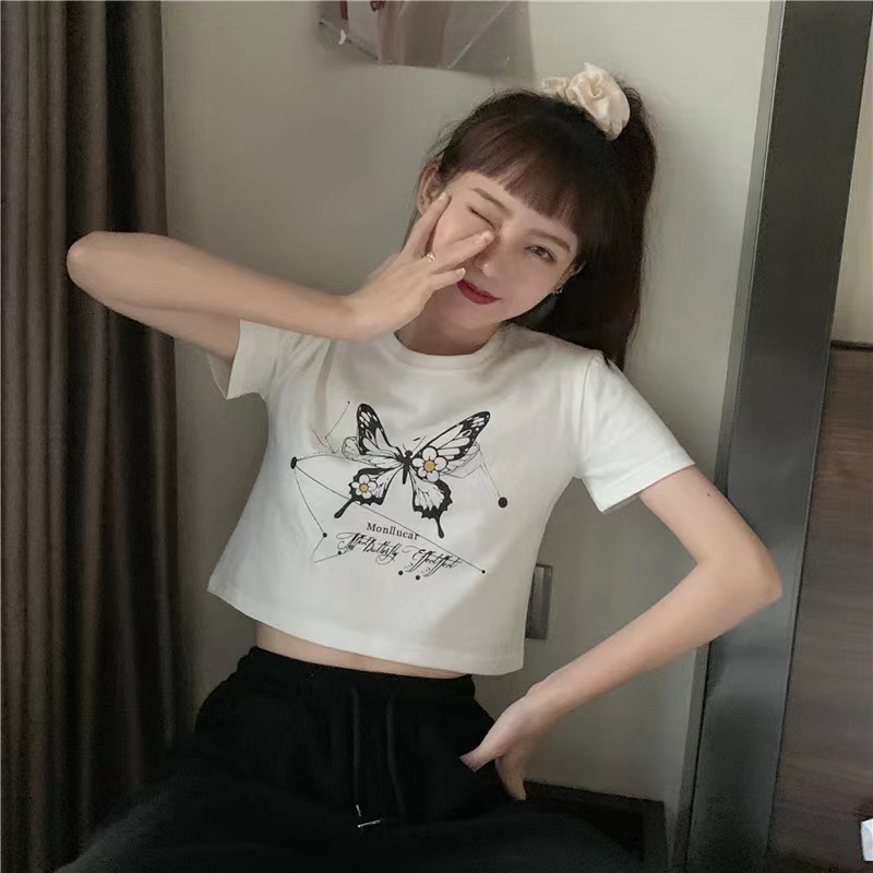 Sayishop Butterfly Crop Top / Kaos Crop Wanita Murah / Korean Crop Top