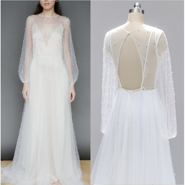 Gaun pengantin transparan lengan panjang midi dress gaun pesta