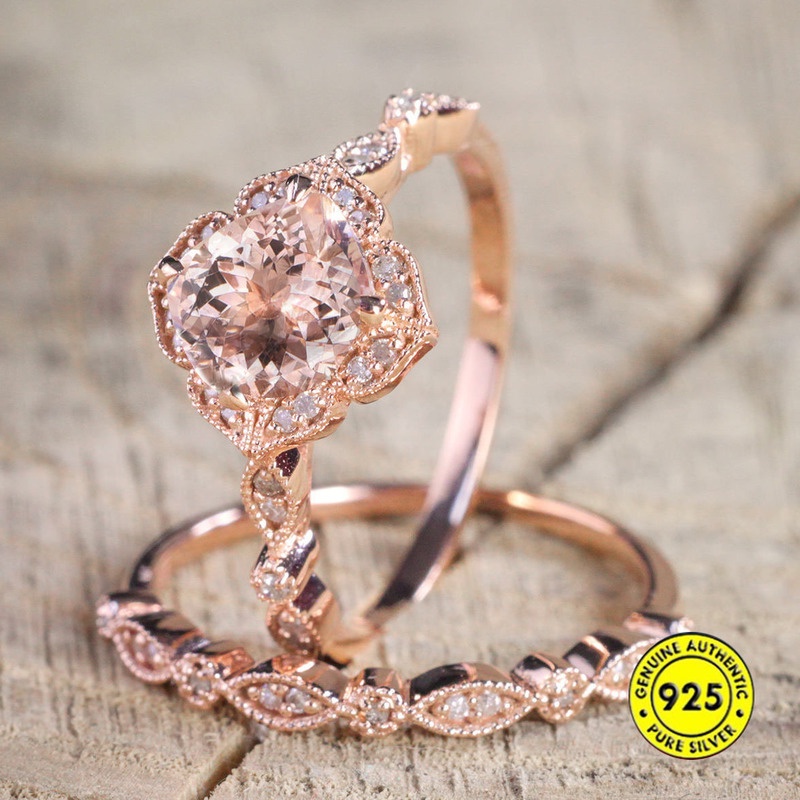 Set Cincin 925 Silver Model Hollow Warna Rose Gold Untuk Wanita