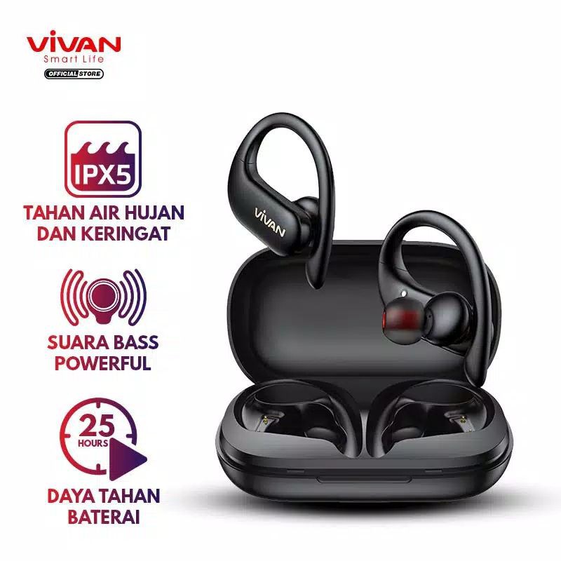 VIVAN Earphones Headset TWS Bluetooth 5.0 Waterproof IPX5 25 Hours Play Time Garansi 1 Tahun Sport X