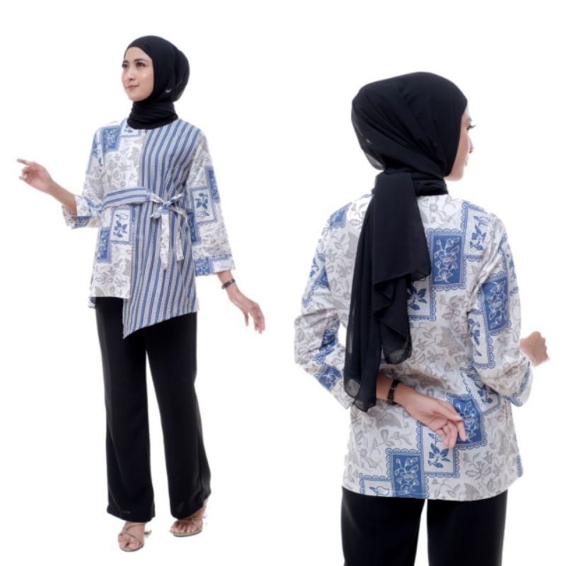 tey-17 Batik wanita ASJ SA HRB026 Kenongo Kemeja Tosca Pendek-Sibori biru