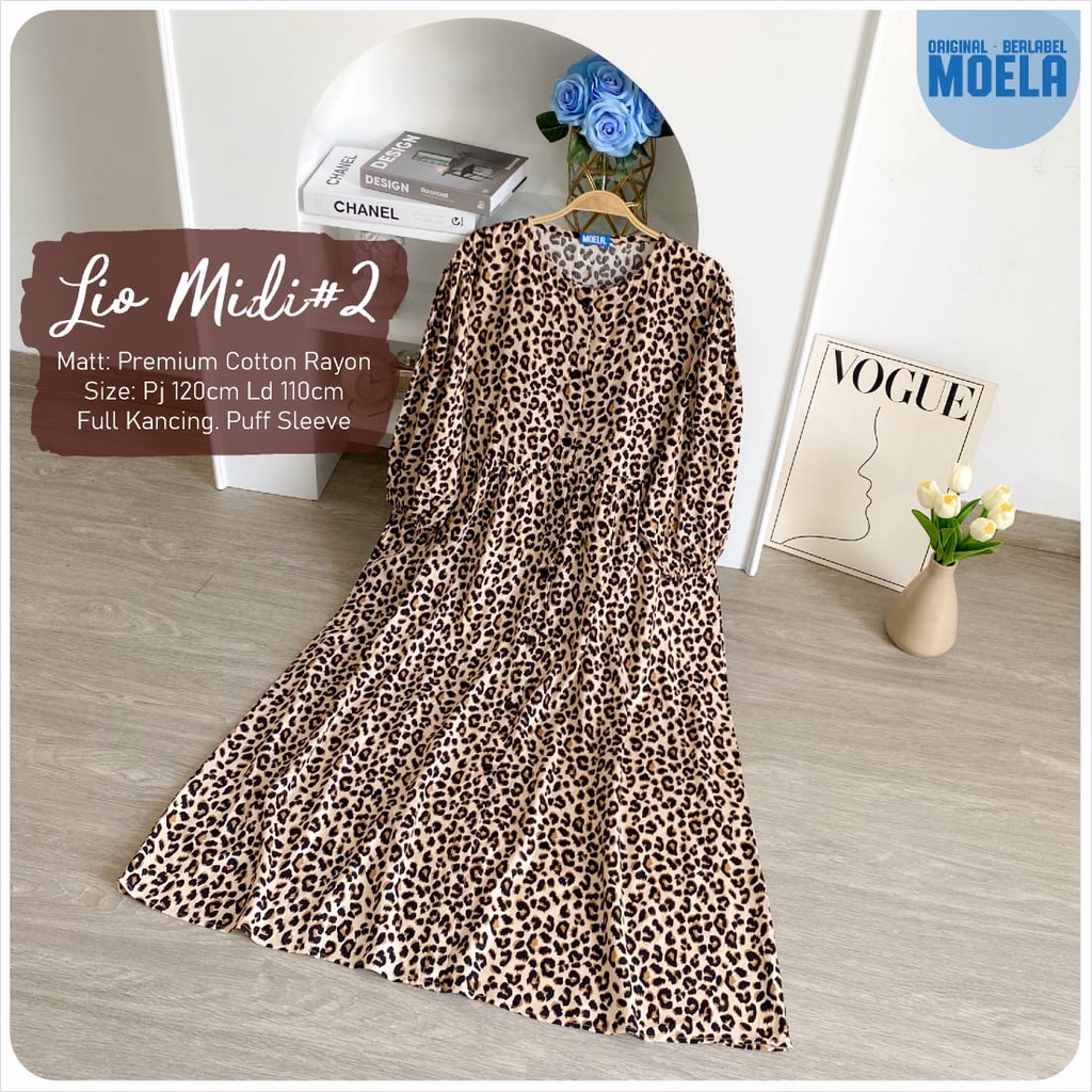TERMURAH LIO MIDI #2 DRESS ORIGINAL BY MOELA BERLABEL/MIDI BAHAN RAYON FULL KANCING/MOTIF LEOPARD