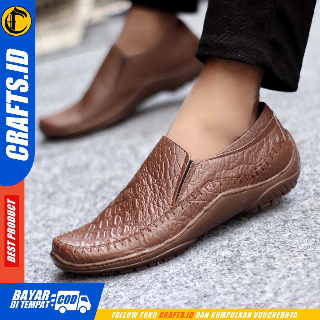 Sepatu Slip On Pria Sepatu Casual Pria Formal Kulit Asli Sepatu Pantofel Kerja Kantor Kuliah Kondangan Sepatu Slop Pria Sepatu Hitam Pria CRAFTS CROCO