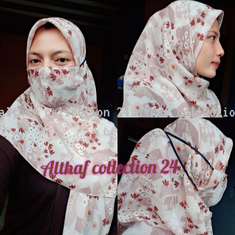 Hijab segi 4 motif+masker/kerudung set masker/hijab masker/hijab segi 4 masker untuk