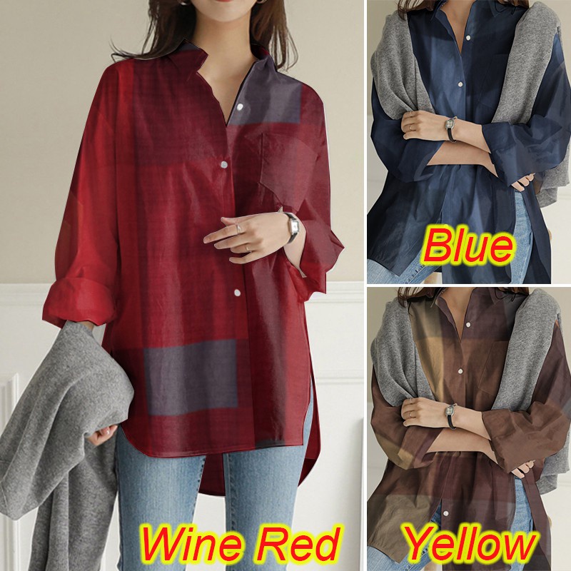 ZANZEA Women Casual Long Sleeve Collared Plaid Buttons Blouse