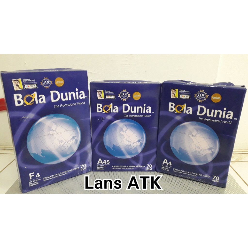 

KERTAS HVS / KERTAS FOTOCOPY BOLA DUNIA A4 , A4S , F4 (70GSM) bola