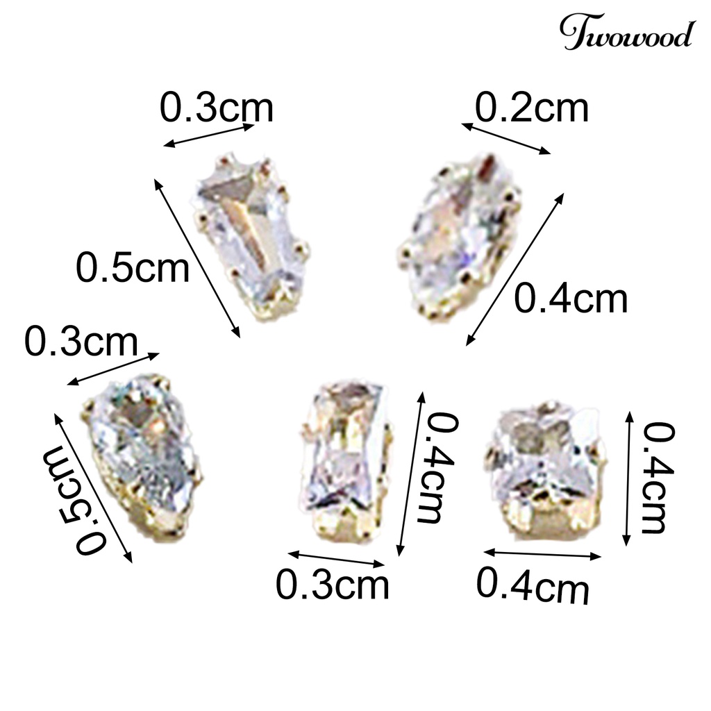 Twowood 10Pcs / Set Kuku Palsu Asimetris Aksen Cubic Zirconia 3D Anti Karat Untuk Nail Art / Manicure DIY