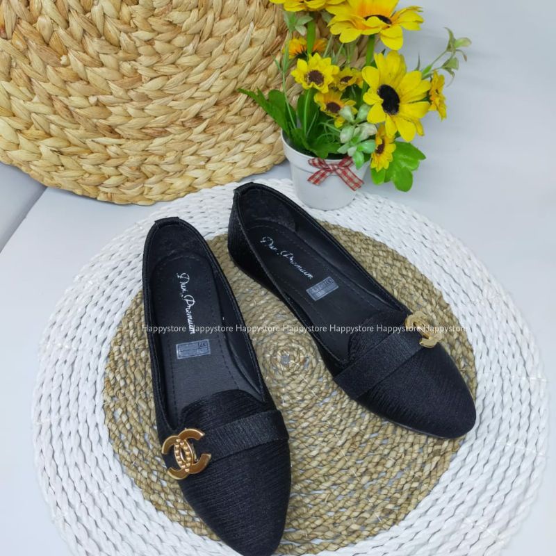 CUCI GUDANG Flatshoes wanita anti slip - flatshoes wanita full black - alas karet lentur FS01 original brand