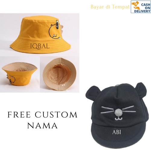 Free Custom Bordir Nama Bucket Dino dan Topi Bayi Kucing